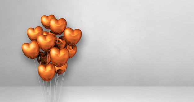 Kupfer Herzform Ballons Haufen auf einem weißen Wandhintergrund. horizontales Banner. 3D-Darstellung