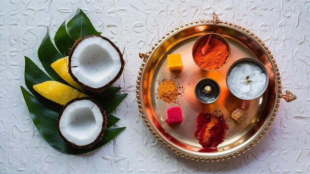 Kupfer-Kalasch mit Kokosnuss und Mango-Blatt und Pooja Thali mit Diya Kumkum und Süßigkeiten mit Blumen