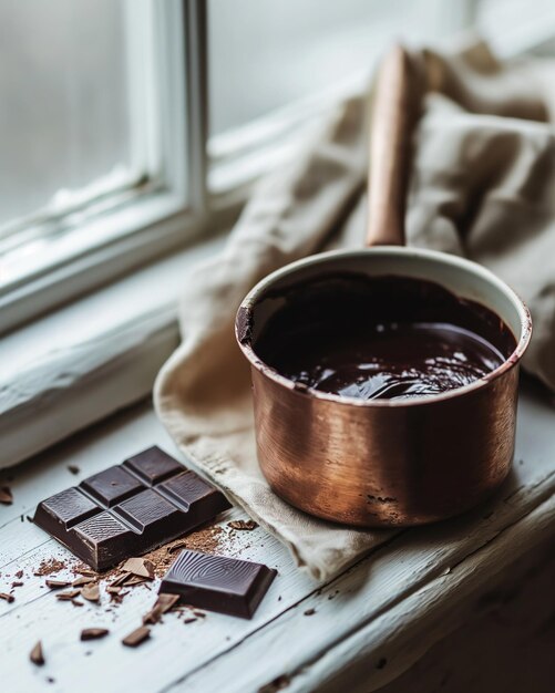 Kupferpfanne mit geschmolzener dunkler Schokolade am Fenster mit gemütlicher Atmosphäre