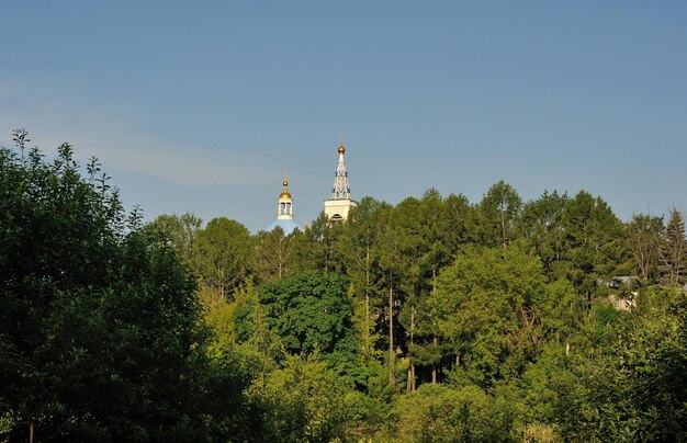 Kuppeln einer orthodoxen Kirche hinter großen Bäumen an einem sonnigen Morgen Region Moskau Russland