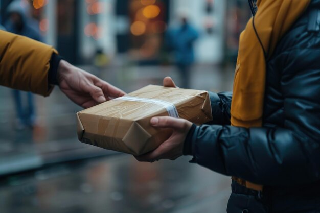 Foto kurier, der ein paket befördert und eine kiste liefert