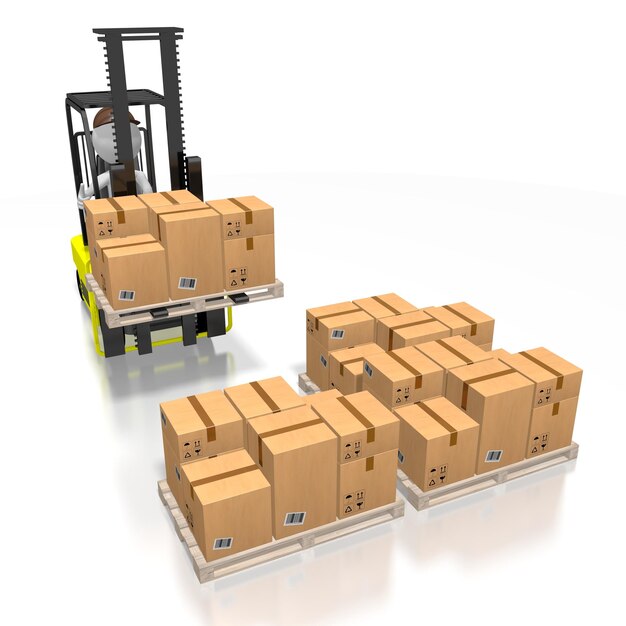 Kurier mit Gabelstapler und Paketzustellkonzept 3D-Illustration