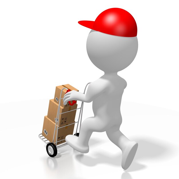 Kurier mit Paketen auf Handwagen 3D-Illustration
