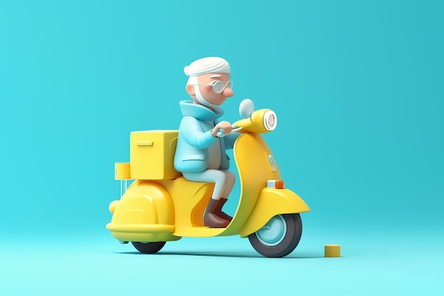 Kurierfigur sitzt auf einem Moped und trägt Geschenkboxen isoliert auf blauem Hintergrund, generative KI