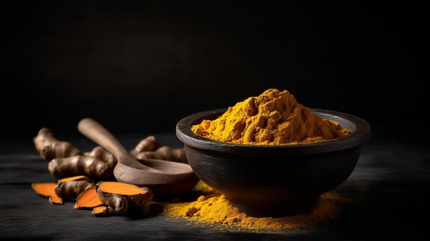 Kurkuma-Curcumin-Pulver und frisches Rhizom mit Kurkuma-Pflanzenhintergrund