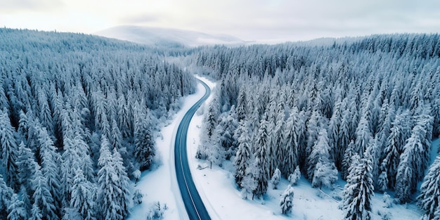 Kurvenreiche, kurvige Straße in einem verschneiten Wald