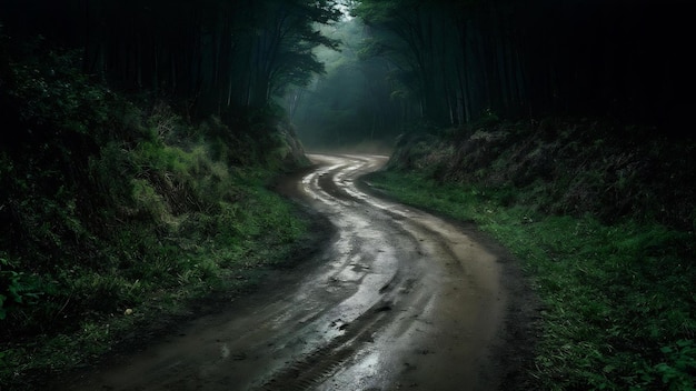 Kurvenreiche schmale schlammige Straße in einem dunklen Wald, umgeben von Grün und ein wenig Licht, das von oben kommt
