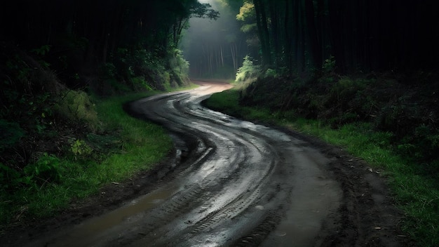 Kurvenreiche schmale schlammige Straße in einem dunklen Wald, umgeben von Grün und ein wenig Licht, das von oben kommt