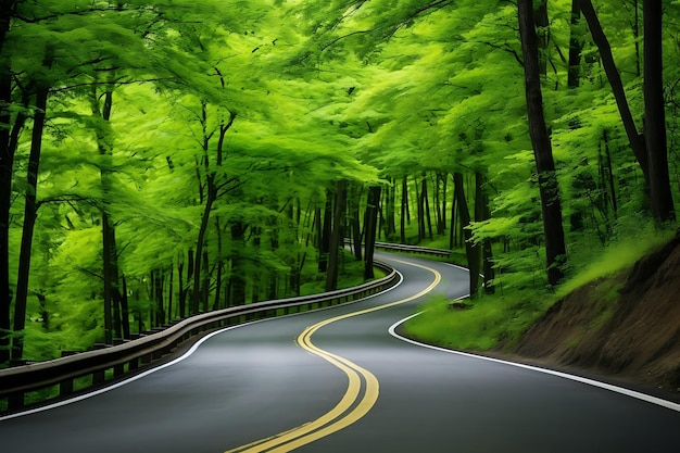 Kurvenreiche Straße durch grünen Wald auf dem Land