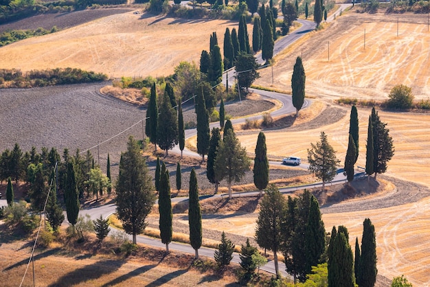 Kurvenreiche Straße in der Toskana, Italien im Sommer. Berühmtes Wahrzeichen der Landschaft und Tourismusziel