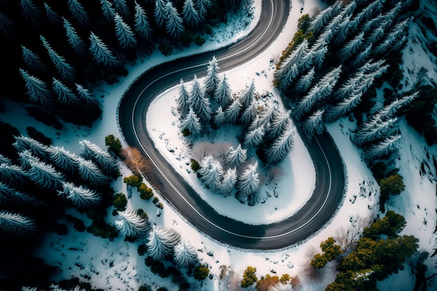 Kurvige windige Straße im schneebedeckten Wald von oben nach unten