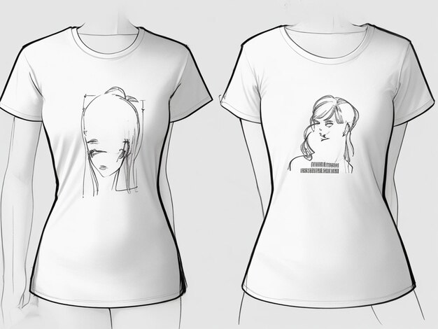 Foto kurzärmel für frauen, t-shirt mit crew-hals, flache skizze, modeillustration, zeichnungsvorlage, mockup