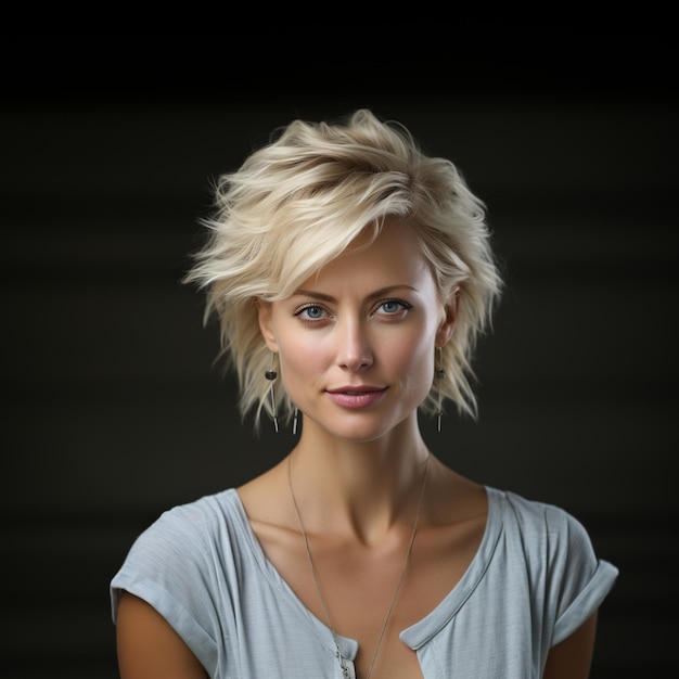 Kurzhaarige blonde kaukasische Frau mit perfekter Haut in Grau, isoliert im Copyspace mit grauem Hintergrund