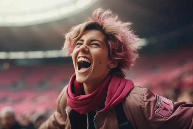 Kurzhaarige Fan-Dame, die von dem Spiel gefangen ist, zeigt ungezügelte Freude und Aufregung und winkt einem Fan in der lebhaften Atmosphäre des Stadions während eines Spiels