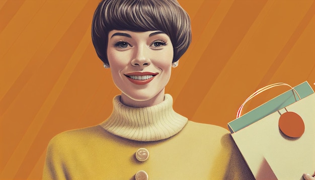 Kurzhaarige Frau mit einem zufriedenen Grinsen, die einen Pullover und eine Kreditkarte vor einem Einkaufszentrum trägt Generative KI