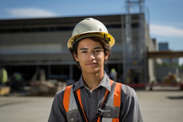 Kurzhaariger Ingenieur mit Hut und Sicherheitsweste