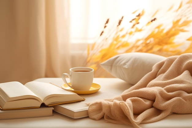 kuschelige Decke, eine Tasse heißen Tee und ein gutes Buch, das die Essenz herbstlicher Entspannung einfängt