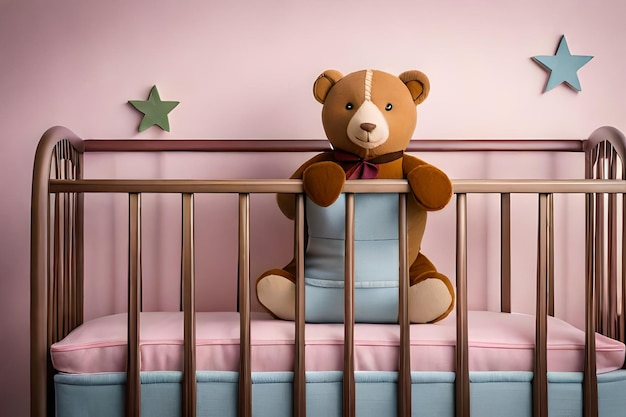 Kuscheltiere im Babybett im rosafarbenen Kinderzimmer mit großem Filz-Paddington-Bär an der Wand