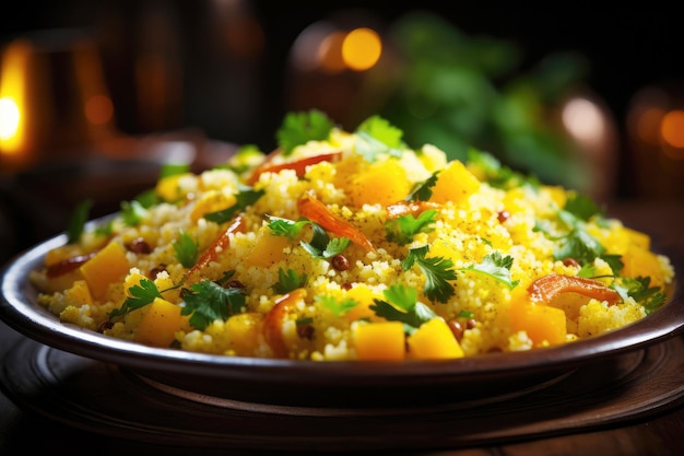 Kuskus de mingau de milho com legumes em uma mesa de madeira