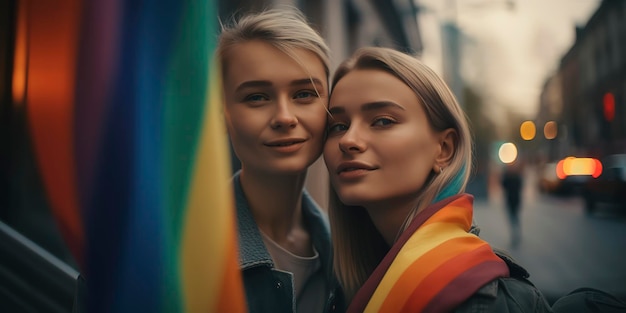 Kuss, der von jungen Frauen geteilt wird, sonnenbeschienener LGBTQ-Flaggenhintergrund und festliche Bänder