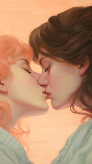 Foto kuss eines lesbischen paares detail der lippen zweier frauen, die sich gerade küssen, mit einem pastellfarbenen pfirsichhintergrund