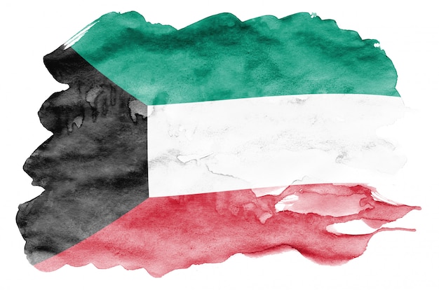 Kuwait-Flagge wird in der flüssigen Aquarellart dargestellt, die auf Weiß lokalisiert wird