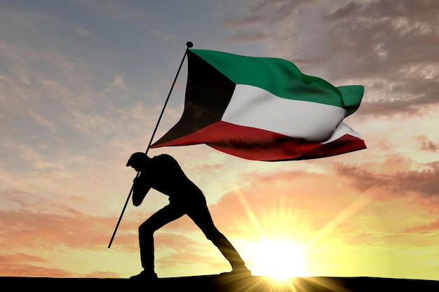 Kuwait-Flagge wird von einer männlichen Silhouette 3D-Rendering in den Boden gedrückt