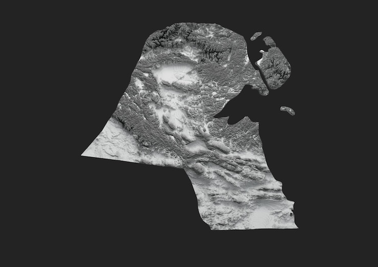 Foto kuwait mapa blanco relieve sombreado mapa de altura de color sobre fondo negro ilustración 3d