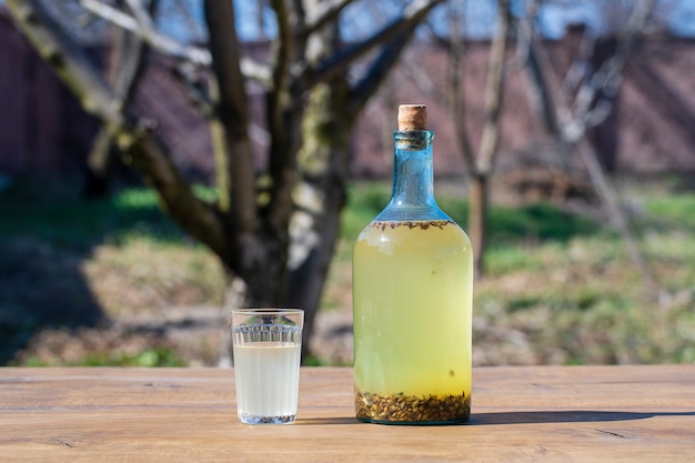 Foto kvass bebida de cevada fria ucraniana tradicional em uma jarra de vidro no fundo da natureza. bebida kvass feita de seiva de bétula e cevada frita. bebida refrescante da primavera em frasco de vidro e copo na mesa no quintal