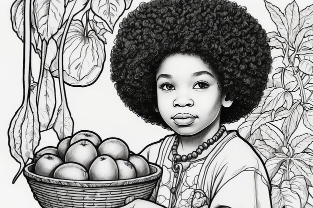 Foto kwanzaa afro hält früchte isoliert malseite