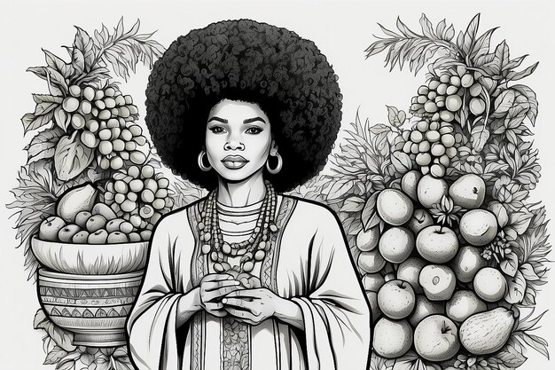 Kwanzaa afro segurando frutas isolado página de coloração