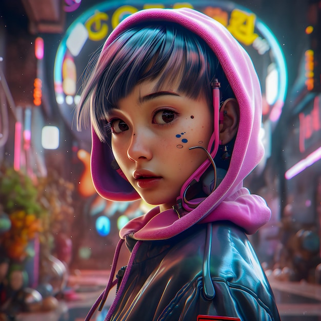 Kybernetische Illustration des asiatischen Teenagers des zukünftigen Cyberpunk-Mädchenporträts