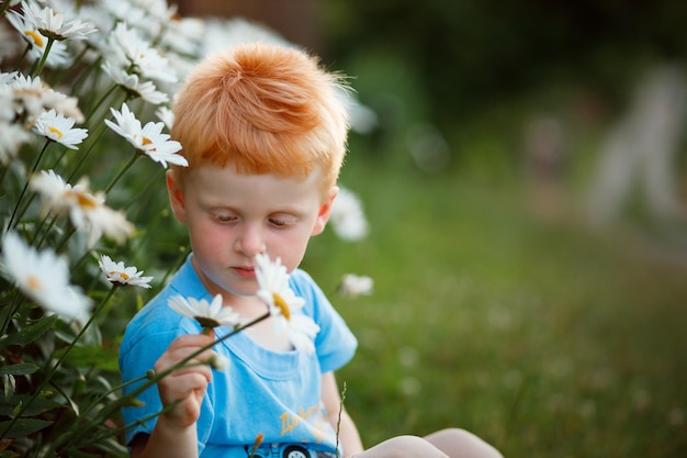 Kyiv Ucrânia 18 de agosto de 2022 Retrato de um menino de 3 anos com cabelo vermelho e olhos azuis olhando para uma margarida branca