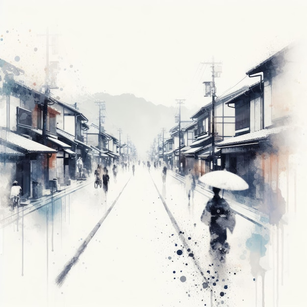 Kyoto Gion Straßenansicht in Spritzfarbe mit Generative AI