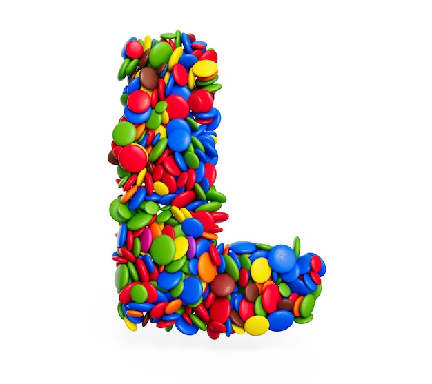 Foto l buchstabe aus mehrfarbigen regenbogen-süßigkeiten festlich isoliert auf weißem hintergrund 3d-illustration