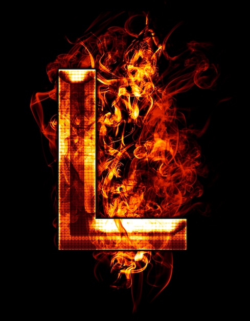 l, Illustration eines Buchstabens mit Chromeffekten und rotem Feuer auf schwarzem Hintergrund