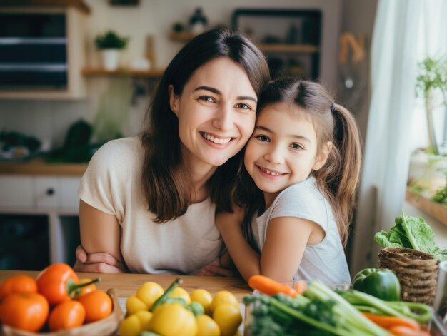 L joven madre e hija sonriendo contentos detrás de la cocina de madera de color claro