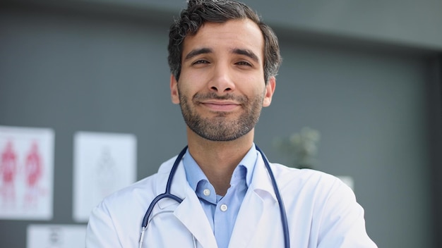 Él siempre tranquiliza a sus pacientes médico masculino mirando a la cámara