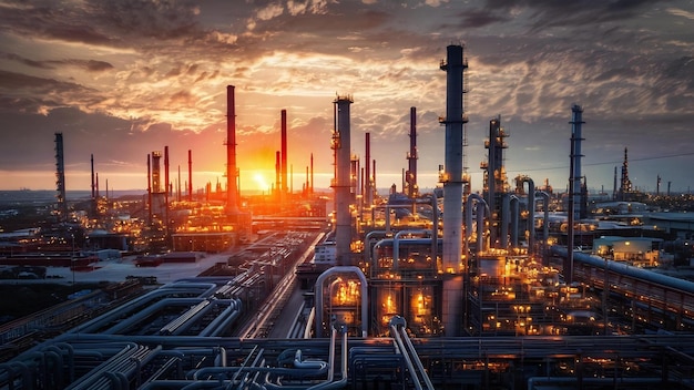 Öl- und Gasraffinerieanlage oder petrochemische Industrie auf dem Himmel Sonnenuntergang Fabrik mit Abend Manufakt