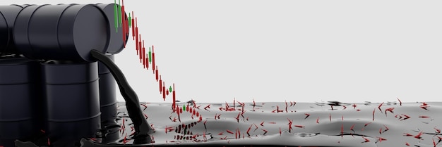 Öl wird aus dem schwarzen Fass gegossen mit Aktiengrafik Fallender Preis von Rohöl im Aktienmarkt Konzept Isoliert auf weißem Hintergrund 3D-Rendering