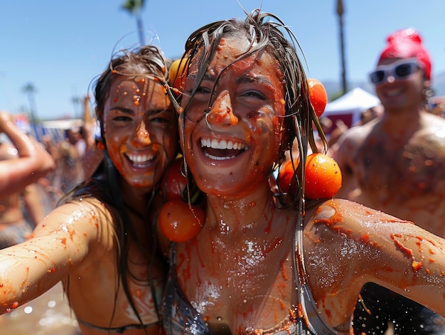 Foto la tomatina é um festival anual com uma luta de tomates com muitos povos