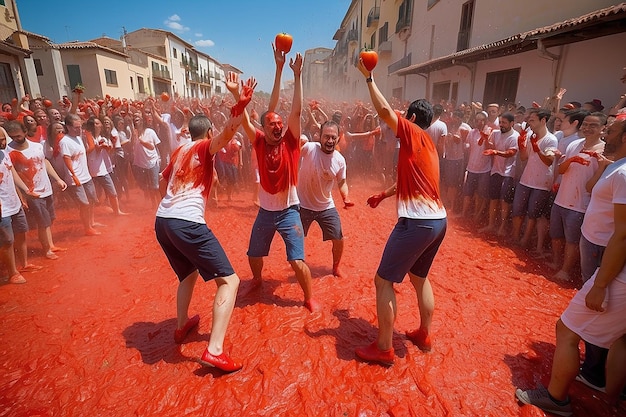 La TomatinaTomatenfest Feiern Glückliches Männchen Weibchen Werfen Gemüse Spanien Traditioneller Feiertag