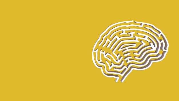 El laberinto del cerebro blanco en fondo amarillo para la renderización 3D de conceptos científicos o creativos