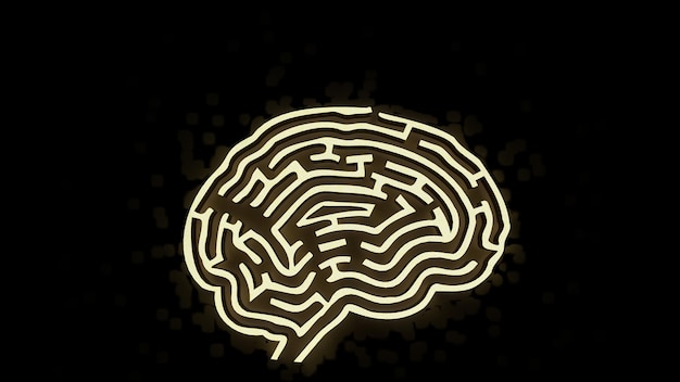 El laberinto del cerebro dorado en fondo negro para la renderización 3D de conceptos científicos o creativos