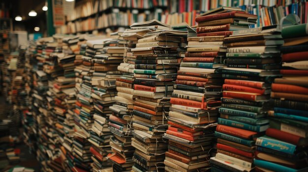 El laberinto del conocimiento: pilas de libros en una acogedora librería