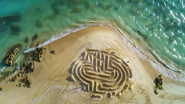 Un laberinto hecho de arena en la playa visto desde arriba