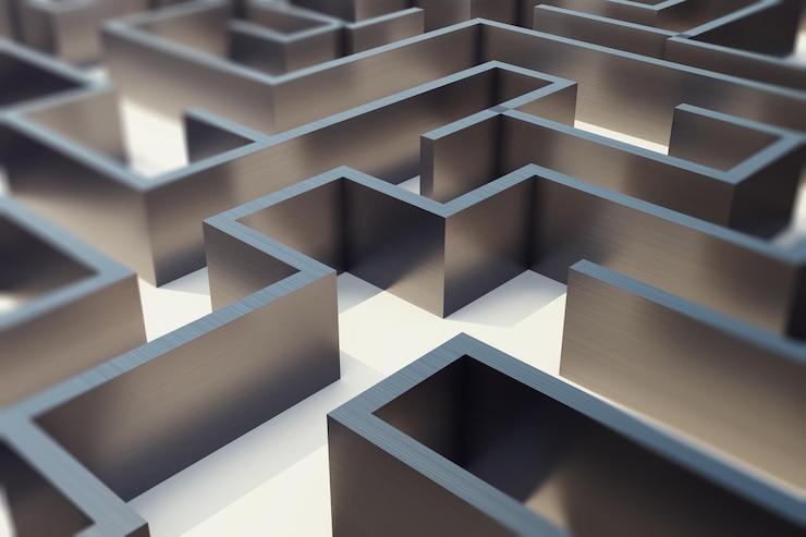 Foto laberinto de metal de representación 3d, concepto complejo de resolución de problemas