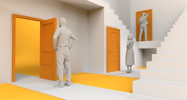 Foto laberinto de puertas y escaleras con gente delante de las puertas. copie el espacio. ilustración 3d.