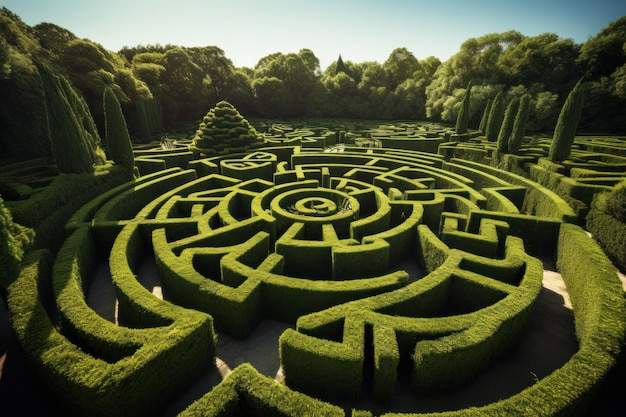 Laberinto verde de arbustos recortados en un jardín ajardinado patrón geométrico abstracto de plantas en el parque Concepto de naturaleza fantasía y aventura