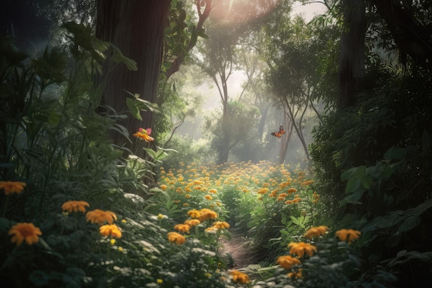 Laberinto verde de plantas con flores vibrantes y árboles altísimos